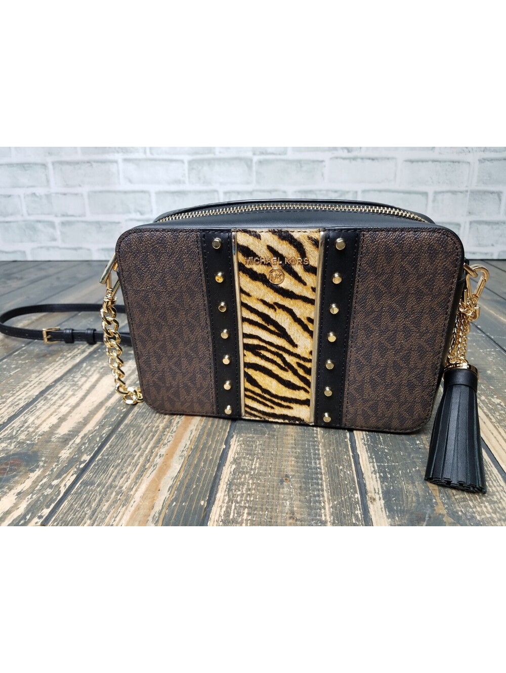 Michael Kors Jet Set Medium Camera Calf Hair Black Brown Multi Crossbody Bag + - Picture 6 of 14